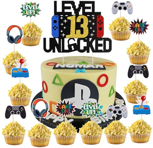 37PCS Décoration Gâteau d'Anniversaire Jeux Vidéo,Décorations Gâteau Anniversaire Gaming 13 Ans,Cupcake Topper Jeu Vidéo, Thème Console de Jeux Toppers Cupcake pour Fête d'Anniversaire Enfant