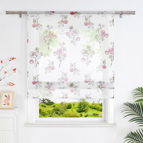 Heichkell Transparente Raffrollo Raffgardine ohne Bohren Rollo mit Blumen Landhaus Gardine Raffrollos mit Tunnelzug Rot BxH 60x140 cm