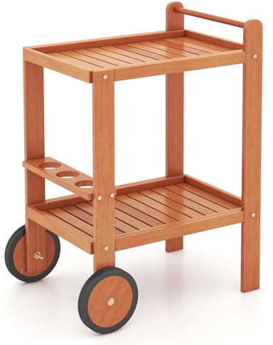 GiantexUK 2-Tier Serving Trolley, Wooden Bar Cart with Wine Bottle Holders, 2 Wheels & Handle, Utility Indoor Outdoor Beverage Drinks Trolley for Kitchen Dining Room Patio Garden