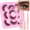 Fadlash Kit Pestañas Postizas 5 Pares Volumen Pestañas Rusas 3d Pestañas Postizas Suave Natural Pestañas Postizas Reutilizables para Diy en Casa Con Pegamento,Pinzas(LZ-E25)