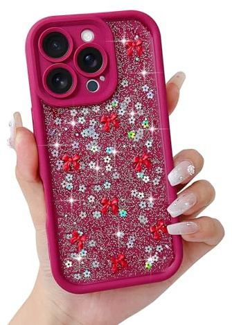 Micoden 3D Bow Case for iPhone 16 Pro Max with Glitter Star-Red | Cute Bowknot Pattern Sparkly Bling Back Cover,Slim Soft TPU Shockproof Protective Aesthetic Design Phone Case for Girls Women