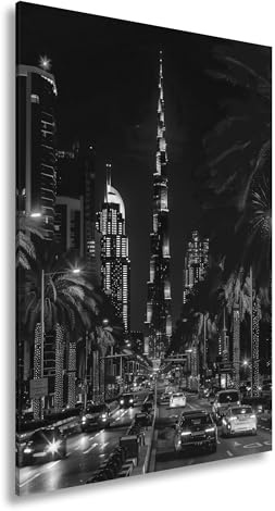 deyoli Leinwandbild Lichterglanz in der Wüste – Dubai erwacht in Neonfarben. Format: 120x80cm Effekt: Schwarz&Weiß XXL Kunstdruck Bild auf Keilrahmen/Wandbild/Wohnzimmer Dekoration