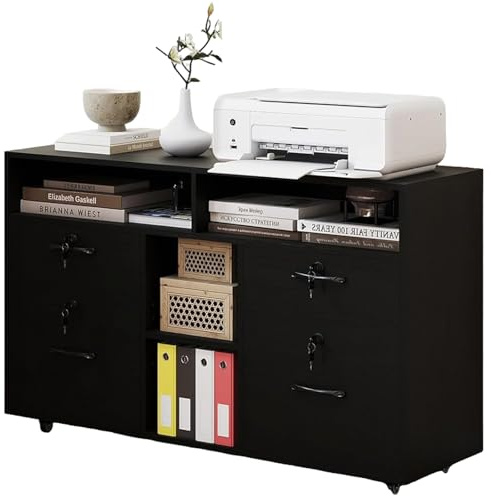 SFAREST 4-Drawer File Cabinet, Mobile Filing Cabinets on Wheels with Lock Printer Stand with Open Adjustable Storage Shelf, Wooden Printer Stand Cupboard for Home Office (Black)