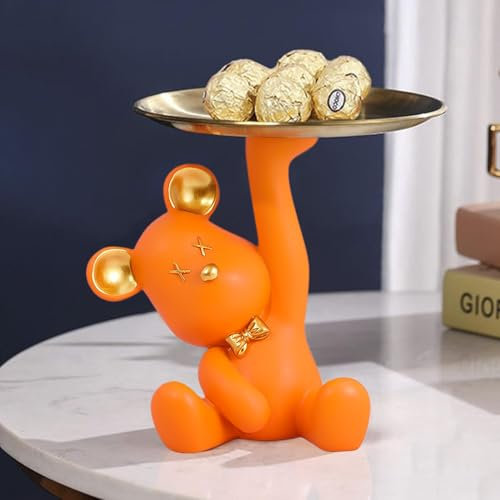 HOPEYHFM Bär Skulptur Deko, Bär Statue mit Tablett, Schlüsselschale, Harz Tier Skulptur, Schmuck Aufbewahrungsbox, für Dessert Kosmetik Kerzen Schreibtisch Lagerung Flurdeko Wohnzimmer (Orange)