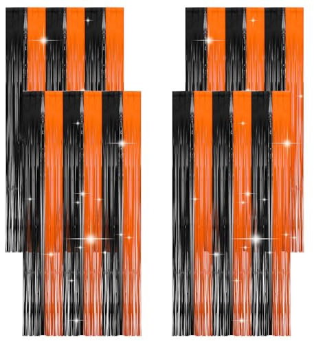 4 Stück Halloween Deko Lametta Vorhang, Party Deko Glitzervorhang in Orange und Schwarz, Feuerwehr Deko - 1m X 2m Lametta, Halloween Themenparty Dekoration, Türvorhang, Quasten Hintergrund Layout