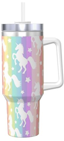 YBGHDAA Licorns on Colorful Stripes Printing Ice Bully Mug avec poignée en acier inoxydable étanche pour homme et femme - 1200 ml