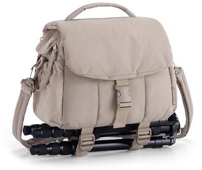 bagsmart Kleine Kameratasche, DSLR-Kameratasche für Kameraobjektiv und Zubehör, ultraleichte, kompakte Crossbody-Camcorder-Taschen mit Regenschutz/Stativgurten, Kamel