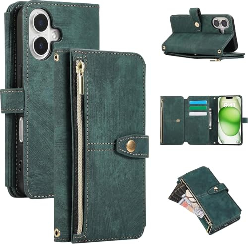 UEEBAI Wallet Case for iPhone 17, 9 Card Slots Retro Leather Wallet Shockproof Flip Cover with Hand Strap Card Slots Zipper Pocket Kickstand Handbag Magnetic Closure - Retro Green