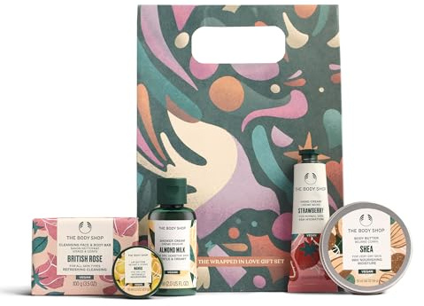 The Body Shop Wrapped in Love Gift Set (Shower Cream 60ml + Body Butter 50ml + Soap 100g + Lip Butter 10ml + Hand Cream 30ml), Festive Mini Collection with Community Fair Trade Ingredients, Vegan