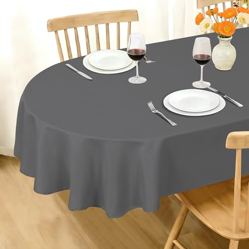 DWCN Hellgrau Tischdecke Oval 140x180cm Abwaschbar Wasserdicht Gartentisch | 0utdoor Wetterfest Stoff Tischtuch Wachstuchtischdecke Fleckschutz Tischdecken für Esszimmer, Party, Hochzeiten, Haushalt