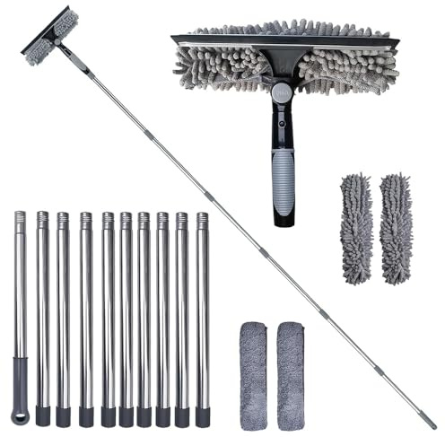 RNPKZ Window Cleaning Equipment, 4.5M Extendable Window Squeegee Cleaner Tool Kit, Rotatable Window Cleaning Kit with Long Handle, Squeegee, 4 Scrubber for Indoor Outdoor Window Car Glass (Grey)
