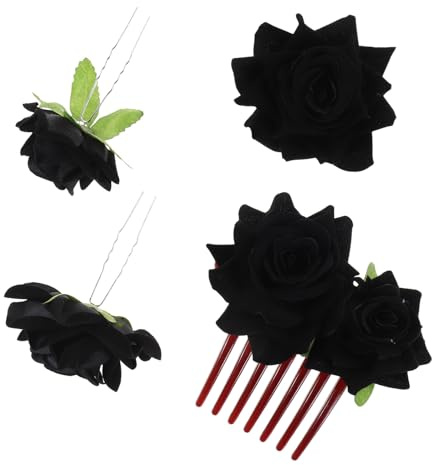 TOYZFRIENDY Pinces à Cheveux Mariage 4 Pièces en Tissu Noir avec Roses Artificielles – Peigne Latéral, 2 Épingles en U et Broche Fleur pour Demoiselles D'honneur – Accessoires Coiffure Bohème