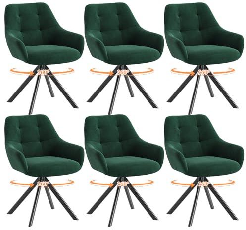 MALOL Drehbare Esszimmerstühle 6er Set, 360° Drehbare Armlehnstühle mit weichem Florstoff & Metallgestell, Bequeme Esszimmerstühle Drehbar mit Rückenlehne für Küche, Esszimmer, Büro, Grün