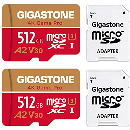 [5 Jahre kostenlose Datenwiederherstellung] GIGASTONE 512GB Micro SD Karte 2 Stück, 4K Game Pro, bis zu 100/60 MB/s, MicroSDXC Speicherkarte für Nintendo Switch 1 Gopro DJI, A2 V30 U3 +Adapter