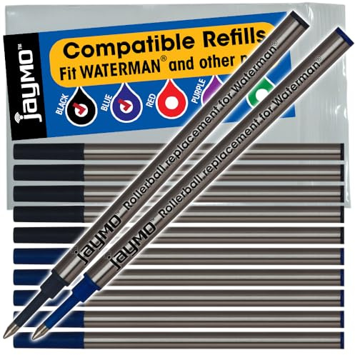 Jaymo Replacement for Waterman 540951/540961 - Measures 4.3 in / 109 mm Long - Rollerball Pen Refill - 6 Black + 6 Blue