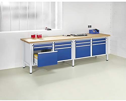 ANKE | Werkbank Breite 2800 mm | Gestellbauweise | 12 Schubladen | 8 x 90 mm | 4 x 360 mm | Höhe 890 mm | Stahlblechbelagplatte