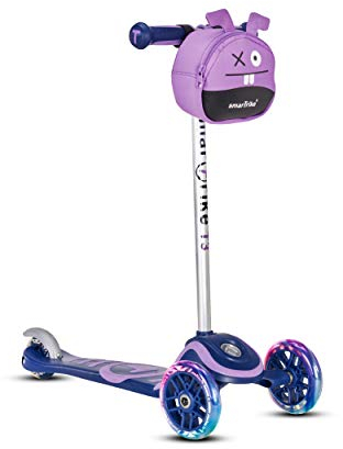 Kinder-Scooter mit LED-Leicht-Rädern und Snacktasche, Knie- und Ellbogenschützer, Kinder-Scooter, Blau, Größe M