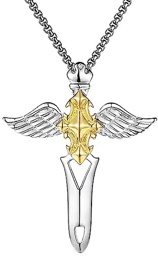 MoBreiou Kreuz Halskette Herren Damen Engel Schwert Exquisite 925 Sterling Silber Engel Flügel Gold Überzogene Anhänger Mode Schmuck Festival Geschenk 60 Cm Titanstahl