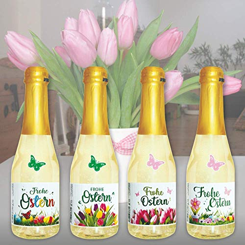 4x Piccolo 0,2l Geschenk zu Ostern Ostergeschenk: Frohe Ostern Sekt Secco Beerenperlwein | Sekt halbtrocken | prickelnd frischer Perlwein aus weißen Beeren