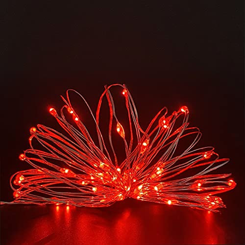 Set di 2 mini luci a LED a batteria, per interni, con timer, 6 ore on/18 ore di spento, per decorazione di feste di nozze, 30 LED, 3 m, filo d'argento (colore rosso)