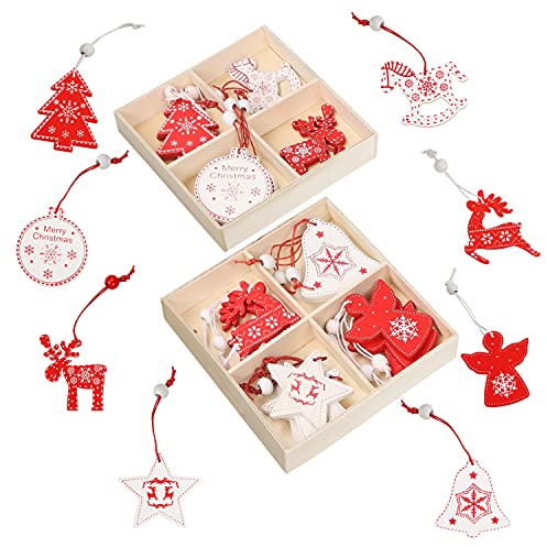 Belle Vous Adornos de Navidad de Madera para Colgar Estilo Nórdico (Pack de 32) Decoracion Navidad 8 Piezas Tradicionales Vintage – Reno, Campana, Bola, Ángel, Árbol y Estrella – Rojo y Blanco
