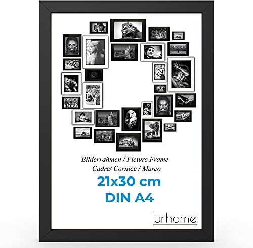 Urhome Bilderrahmen DIN A4 21 x 30 cm aus Abachi Holz Schwarz mit Standfuß und Kunststoffscheibe - Ayous Fotorahmen für Bilder Kunstdrucke Fotos Gemälde Rahmen zum Aufstellen