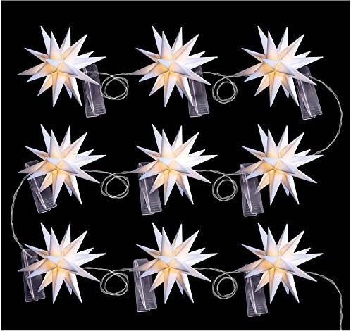 Novaliv Weihnachtsstern Lichterkette 9X Dekostern 8 cm Sterne 9er Sternenkette 8m Länge Weiss für INNEN und AUSSEN LED Licht mit Schuko Stecker Weihnachtsdeko Stern beleuchtet Weihnachtsbeleuchtung
