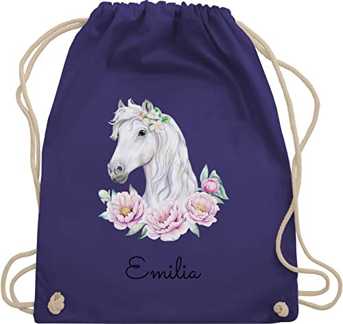 Turnbeutel Rucksack - Pferde - Pferdekopf Motiv mit Name personalisiert I Pferdemotiv I Pferd Name - Unisize - Lila - mädchen pferderucksäcke pferden pferdemädchen beutel personalisierter