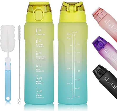 HXC Trinkflasche 1L Sport Wasserflasche mit Zeitmarkierungen,Sportflasche 1 Liter mit Verschlussdeckel und Auslaufsicher,BPA-frei Trinkflasche für Gym Flasche Camping