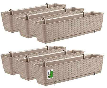 PAFEN 6X Blumenkasten Blumentopf 10L mit Halterungen - 585 x 145 x 155 mm - Rattan-Optik Pflanztopf Balkonkasten Pflanzkästen Befestigungshaken, Mocca