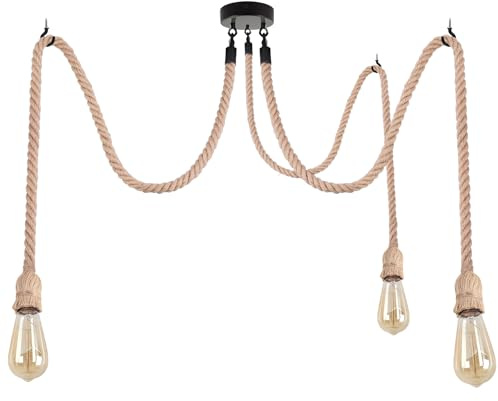 LEDSONE Hemp Rope Retro Pendant Lighting, Industrial E27 Lamp holder 2m Spider Rope Ceiling Hanging Spider Pendant Light Fitting for Living room Bed room Restaurant (3 way with bulb)