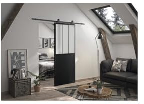 OPTIMUM Kit porte coulissante ATELIER noir + rail apparent - 204 x 83 cm - verre dépoli