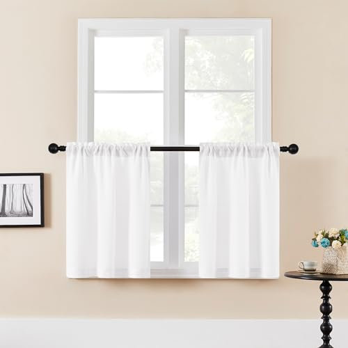 DUKIYO Küchenvorhänge, Leinen, 76,2 cm lang, für halbes Fenster, Doppelstangentasche, halbtransparente Vorhänge, Sichtschutz, Lichtfilterung, kleine Vorhänge, 76,2 cm Länge, für Café, Wohnmobil,