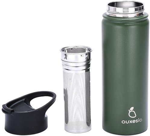 Auxesia Fruit Infuser Water Bottle - Metal Steel Insulated Tumbler with Infuser Insert - Flavor Infusion of Loose Leaf Tea - Travel Bottles for Hot & Cold Drinks - Infused Water for Women (Dark Green)