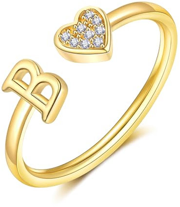 FUNEIA Herz Ring mit Buchstaben Damen Frauen Gold Silber Rosegold Verstellbarer Initiale A-Z Zirkonia Fingerring Stapelring Wasserfest Buchstabering Schmuck Mädchen Geschenkbox