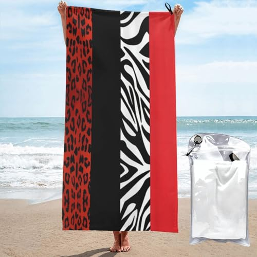 OPSREY Roter Leoparden- und Zebra-Tier-bedrucktes Mikrofaser-Badetuch, schnelltrocknendes Strandtuch, saugfähiges Sporthandtuch mit Tragetasche