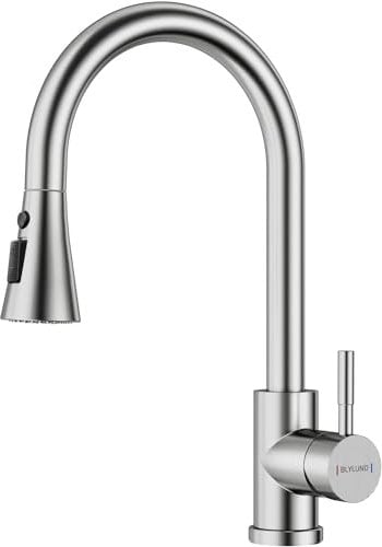 BLYLUND Brushed Nickel Kitchen Tap with Pull Out Sprayer 3 Modes, Swivel Single Stainless Steel Modern Kitchen Taps Mixer High Arch Single Handle Kitchen Sink Taps for UK Standard Fittings