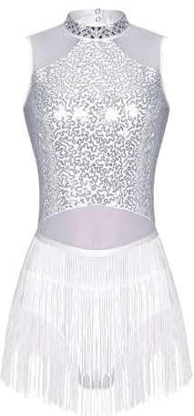 Freebily Damen Tanzkleid Glitzer Fransen Latein Salsa Kleid Ärmellos Pailletten Tanzbody Ballett Leotard Quastenrock Ballsaal Tanzkostüm Weiß XXL