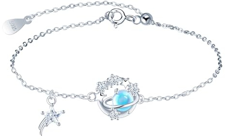 INFINIONLY Damen Silber Armband Kreatives Blauer Mondstein Planet Armbänder Elegante 925 Silber Verstellbares Ankerkette Mädchen Stern Zirkonia Armband