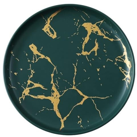 FülleMore Keramik Essteller Gold Marmor Speiseteller Frühstücksteller Rund Snackteller Steakteller Pizzateller Pastateller Servierteller für Salat Pasta Kuchen Dessert (Grün, 25.4cm)