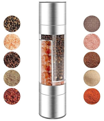 KINTEGOOD 2 in 1 Stainless Steel Salt and Pepper Grinder Set, Double Head Salt and Pepper Grinder, Manual Salt and Pepper Mill Grinder Salt Grinder Refillable, Sea Salt Grinder Salt Pepper Grinder