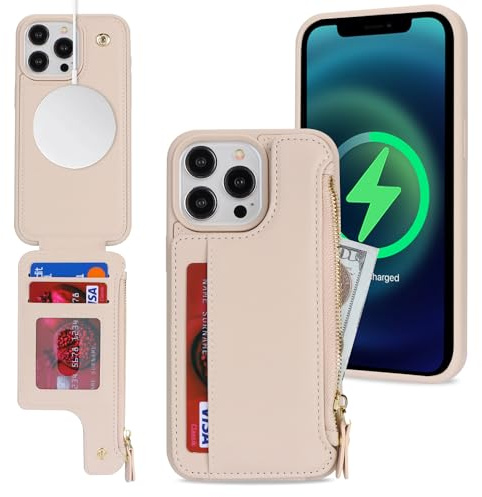 SailorTech iPhone 15 Pro Case with Credit Card Holder magsafe, iPhone 15 Pro Phone Leather Case Wallet for Women Compatible mag safe Card Slots Zipper Shockproof Case for Men - White
