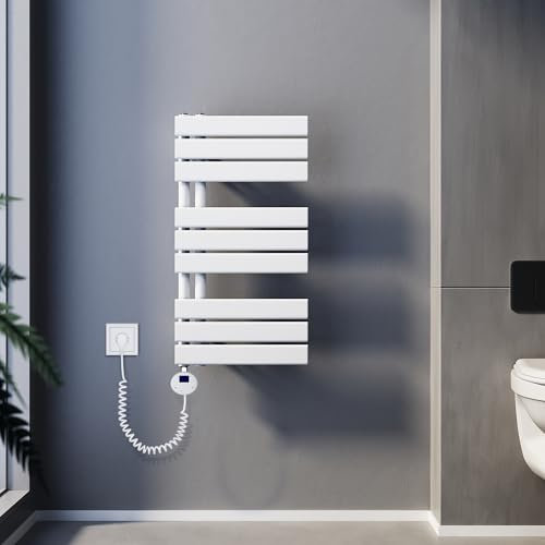 SUNXURY Scaldasalviette elettrico con termostato, 762 x 400 mm, 400 Watt, bianco, portasciugamani elettrico, piatto, con barra riscaldante