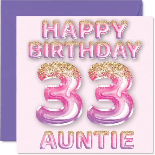 33rd Birthday Card for Auntie, Pink & Purple Glitter Balloons | Happy Birthday Cards for 33 Year Old Aunt Aunty from Nephew Niece, 145mm Bday Greeting Cards Gift