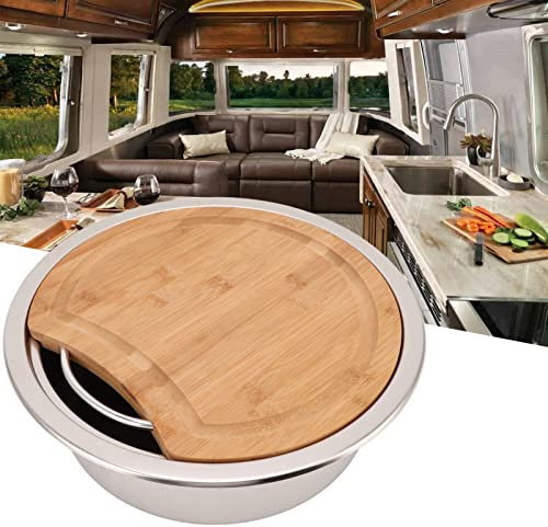 Wohnmobil-Spüle aus Edelstahl 304 mit Bambus-Hackklotz, Runde Küchenspüle, Wohnmobil-Spüle mit Großem Fassungsvermögen, Verstopfungssicher, Einfache Installation für Wohnwagen,