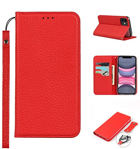 Cavor Phone Case Compatible for iPhone 11 Cover,Genuine Leather Flip Wallet Case,[3 Card Holders][Magnetic Closure][RFID-Blocking][Lanyard] Protective Case - Red