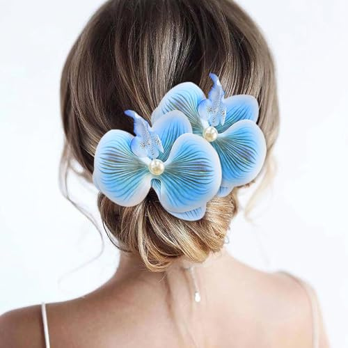 Yheahin 2pcs Flower Hair Clips Boho Orchid Hair Clips Artificial Phalaenopsis Hair Barrettes Bridal Hawaiian Beach Party Hair Accessories for Women (Blue)