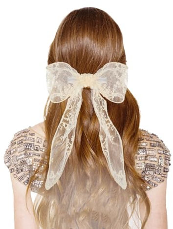 WLLHYF Spitzen Haarschleifen Clips für Frauen Große Haarbänder Niedliche Tüll-Schleifenspangen Schleife ästhetische Clips Haarschmuck für Frauen Mädchen Braut Kopfschmuck (Beige)