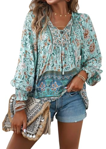 PHLCEhot Women Long Sleeve Tunic Tops Floral Boho Loose Chiffon Pullover Blouse