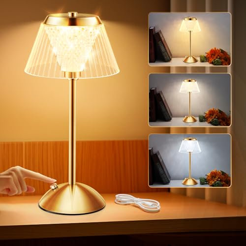 aurogeek Rechargeable Table Lamp, 3 Colors Touch Bedside Lamp Stepless Dimmable, Portable Vintage Metal Lamp, New Year Gift to Children Parent Friend, for Bedroom Living Room Study Home Décor